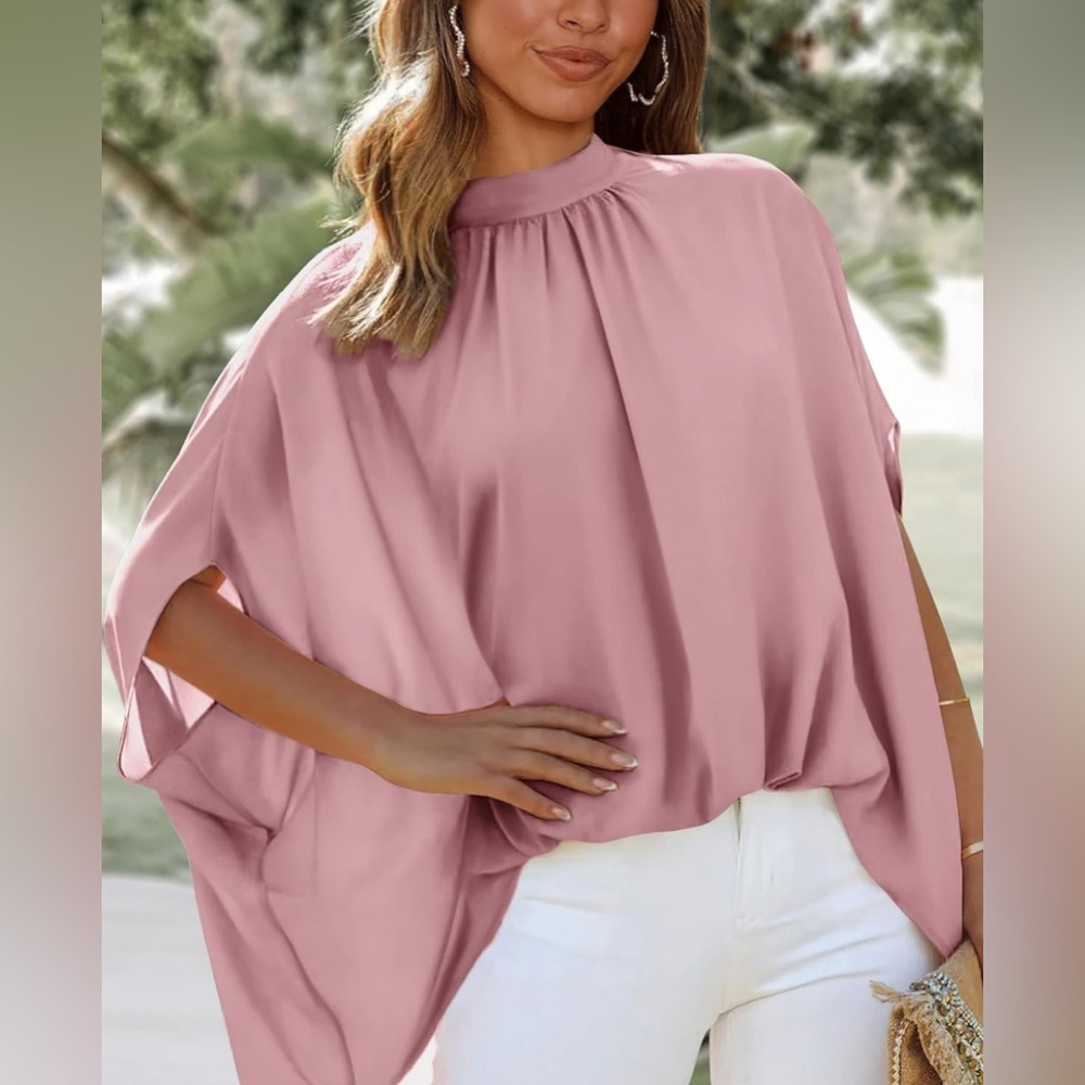 Mock Neck Batwing Short Sleeve Summer 2024  Casual Oversize Blouses Shirts Top